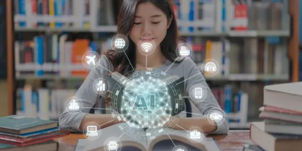 Niña estudiando en el colegio con una simulación de Inteligencia Artificial