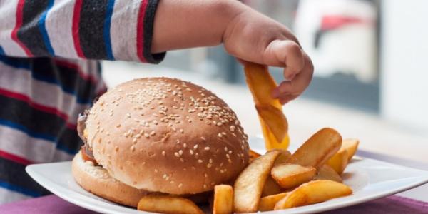 Niño comiendo una hamburguesa