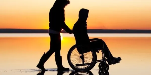 Una persona en silla de ruedas con un asistente personal 