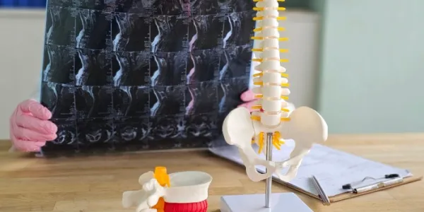 Un doctor examina imágenes tomográficas de una columna dañada