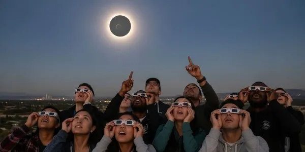 Un grupo de jóvenes contemplando un eclipse solar