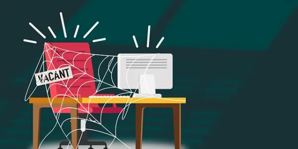 Infografía que ilustra una vacante en el trabajo con una silla de escritorio llena de telarañas