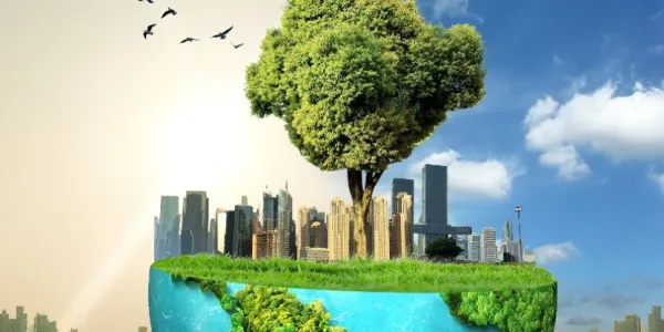 Infografía sobre el cambio climático en la que se ve el mundo, árboles y muchos edificios