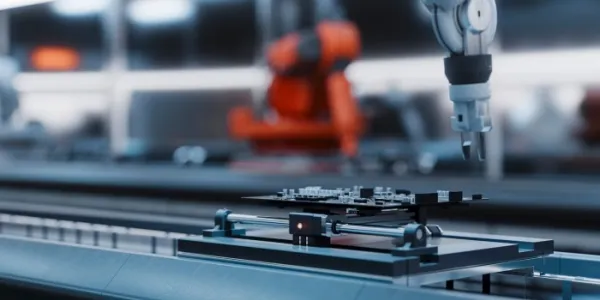 Brazo robótico ensamblando una PCB en una línea de fabricación de precisión en una fábrica de placas base. 