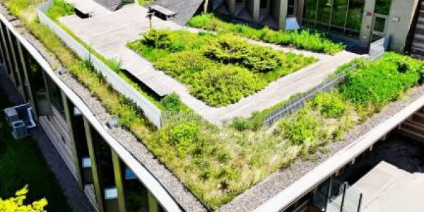 Jardín sostenible en la azotea de un edificio