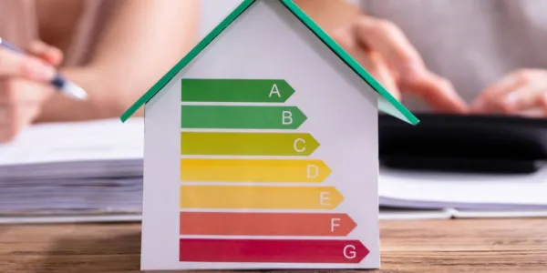 Casita de madera con las etiquetas de consumo energético