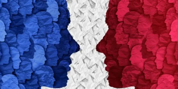 Infografía con recortes de caras formando la bandera de Francia