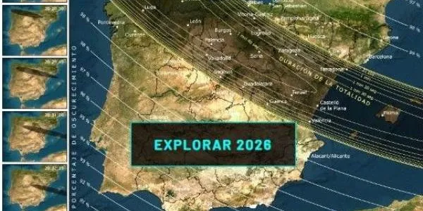 Mapa de España con la franja oscura desde donde será visible el eclipse