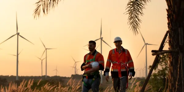 Los ingenieros que trabajan en parques eólicos para energía renovable son responsables del mantenimiento de las grandes turbinas eólicas. Al regresar del trabajo mientras el sol de la tarde ilumina con una hermosa luz dorada a ambos