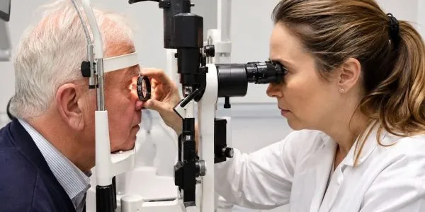 Una optometrista revisa la visión de un paciente