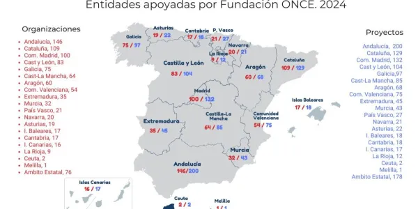 Imagen de un mapa autonómico en el que se ve el número de entidades beneficiadas y de proyectos puestos en marcha en cada región