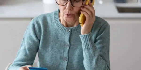Mujer hablando por el móvil mientras facilita los datos de su tarjeta de crédito