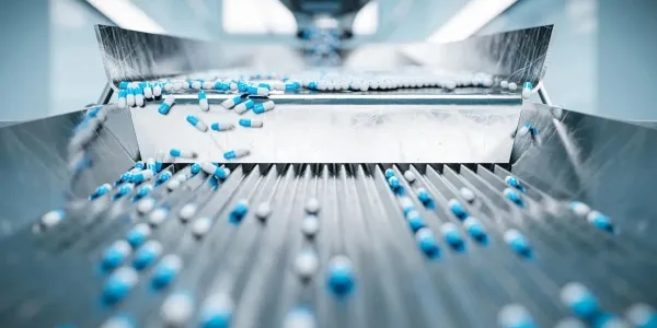 Clasificación de cápsulas farmacéuticas mediante una máquina clasificadora en una línea de producción. 