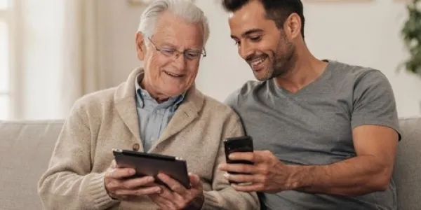 Formación ciudadana, un joven y una persona mayor utilizan un móvil y una tablet