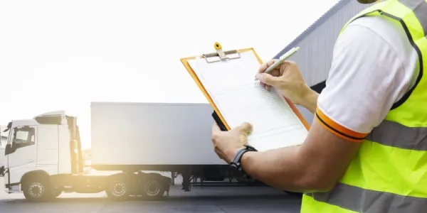 Trabajador sector transporte de mercancías con un camión de fondo