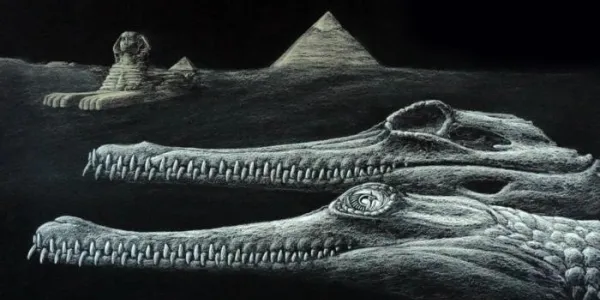 Reconstrucción del extinto ‘Herugavialis cairensis’ con la Gran Esfinge y las pirámides representadas al fondo 
