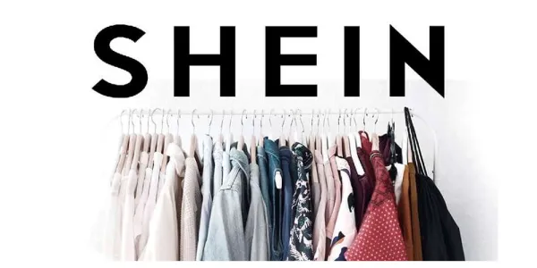 Logo de Shein y ropa en un perchero