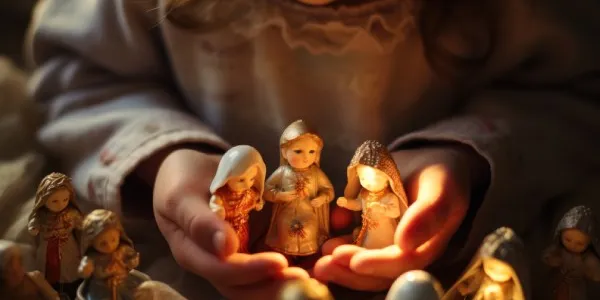 Una niña sostiene figuras de un belén navideño en sus manos