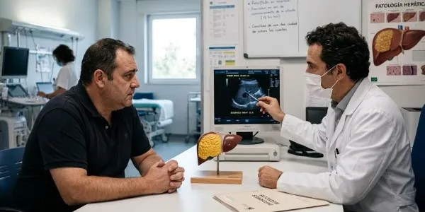 Un paciente habla con su hepatólogo en la consulta
