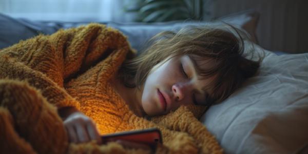 Una joven duerme en un sofá con el móvil en la mano 