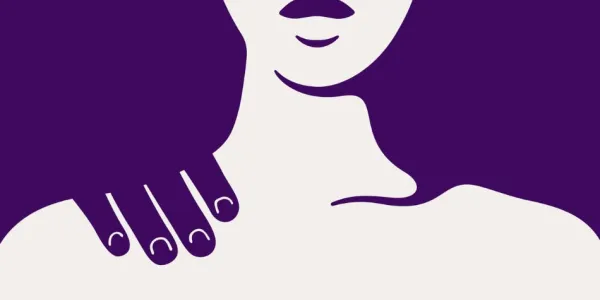 Infografía de la silueta de una mujer en blanco con el fondo morado y una mano sobre su hombro