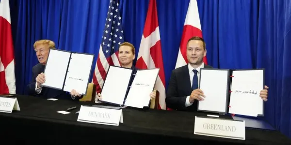 Trump, Frederiksen y Nielsen tras la firma del acuerdo de Groenlandia en la sede de la ONU