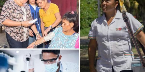 Tres fotografías que representan la asistencia sanitaria en el balance de la OMS 