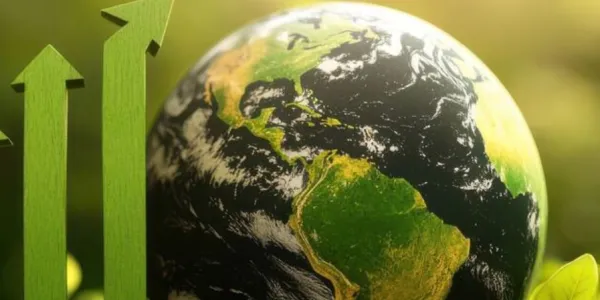 Infografía del mundo con flechas verdes hacia arriba