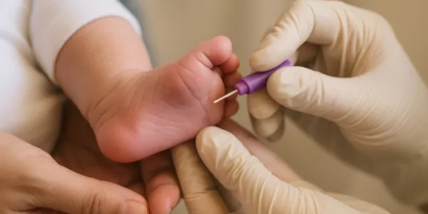 Un sanitario le hace la prueba del talón a un bebé 