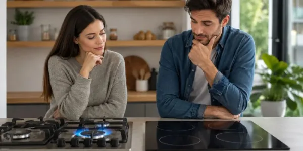Un hombre y una mujer se encuentran en una cocina decidiendo entre una placa de cocina de gas tradicional y placa de vitrocerámica