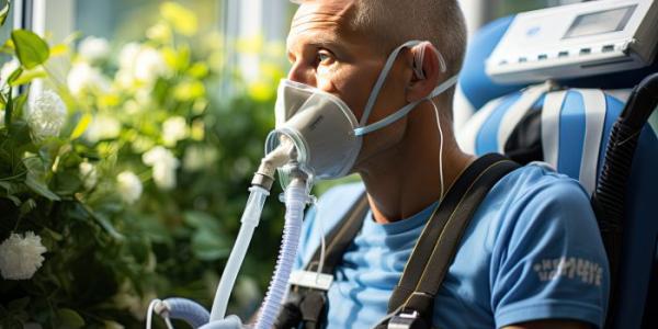 Un hombre en silla de ruedas electrodependiente, con máquina para respirar