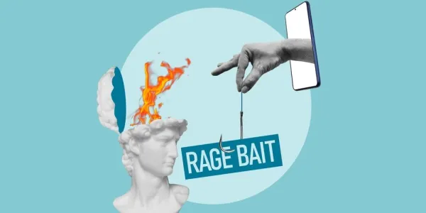 Infografía con un busto echando fuego por la cabeza y una mano con una cerilla simulando el rage-baiting