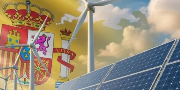 Imagen de una bandera de España sobre un cielo en el que se ve un molino de viento y placas solares