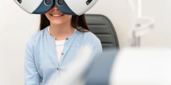Chica sonriente haciéndose una prueba de visión con una máquina en los ojos 