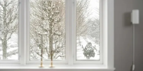 Ventana de una casa con vistas a un paisaje nevado
