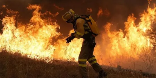 Bombero combatiendo un incendio forestal 