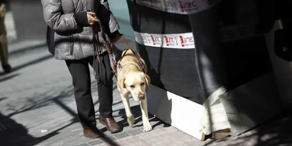 Una persona ciega junto a su perro guía.