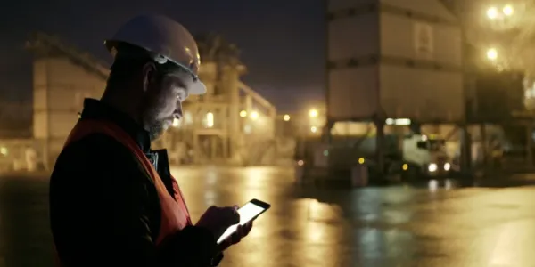 Ingeniero supervisa de noche la carga de un camión 