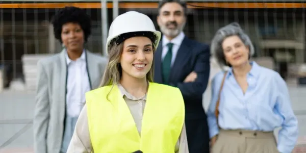 Arquitecta que sostiene una tableta sonriendo con su equipo