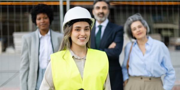Arquitecta que sostiene una tableta sonriendo con su equipo
