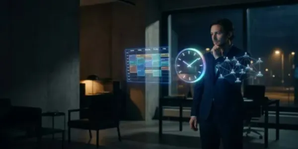Un señor trabajando por la noche en la oficina