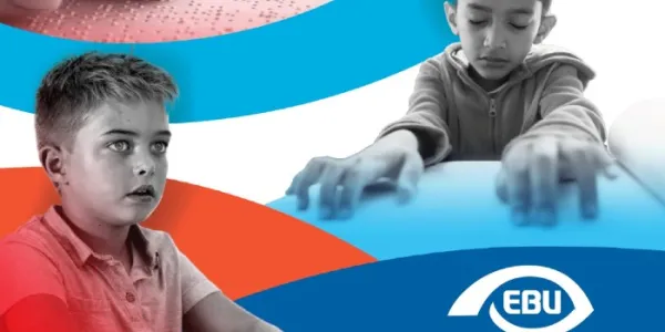 Ilustración de la portada con personas leyendo en Braille 