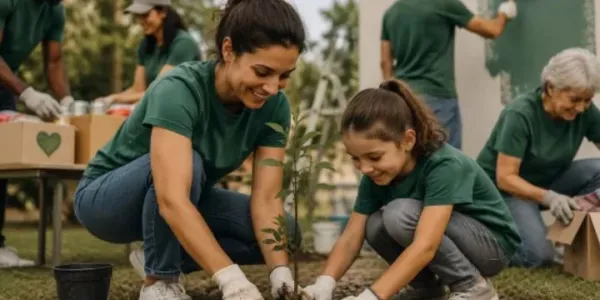 Madre e hija realizando labores de voluntariado, plantando un árbol