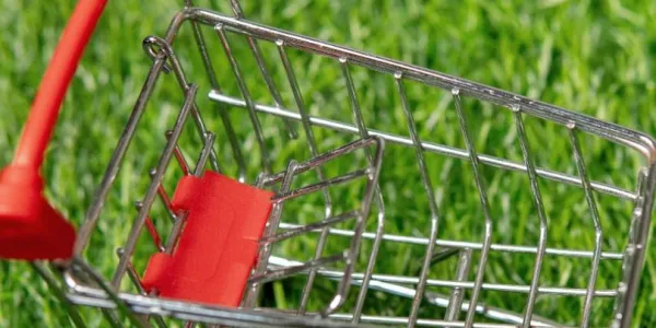 Carrito de la compra en miniatura sobre el césped