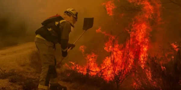 Un brigadista forestal intenta apagar unas llamas